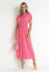 Różowa Sukienka Maxi z Marszczoną Gumką w Talii Yalesima. Czerwone sukienki damskie Born2be, l, bez wzorów, bez kołnierzyka, bez ramiączek, maxi. Za 44.99 zł.