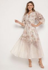 Beżowa Wiskozowa Sukienka o Rozkloszowanym Kroju w Kwiaty Redameira. Brązowe sukienki damskie Born2be, na co dzień, na wiosnę, s, bez wzorów, z wiskozy, eleganckie, bez kołnierzyka, bez ramiączek, maxi, rozkloszowane. Za 269.99 zł.