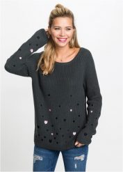 Sweter z haftem. Szare swetry nierozpinane damskie bonprix, z aplikacjami, bez kołnierzyka, bez ramiączek. Za 129.99 zł.