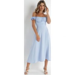 Niebieska Sukienka Midi z Dekoltem Carmen i Bufiastymi Rękawkami Amarhis. Niebieskie sukienki damskie Born2be, na co dzień, m, bez wzorów, eleganckie, bez kołnierzyka, bez ramiączek, midi, proste. Za 69.99 zł.