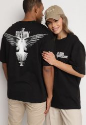 Czarna Koszulka T-shirt z Ozdobnym Napisem i Nadrukiem na Plecach Ballis. Czarne bluzki damskie Born2be, l, bez wzorów, z jeansu, bez kołnierzyka, bez ramiączek. Za 39.99 zł.