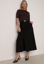 Czarna Wiskozowa Spódnica o Rozkloszowanym Kroju z Rozcięciem i Paskiem Jaelia. Czarne spódnice damskie Born2be, do pracy, l, bez wzorów, z wiskozy, biznesowe, maxi, koszulowe. Za 129.99 zł.