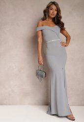 Szara Taliowana Sukienka Maxi z Rozcięciem Perlina. Szare sukienki damskie Renee, l, bez wzorów, eleganckie, bez kołnierzyka, bez ramiączek, maxi, rozkloszowane. Za 139.99 zł.