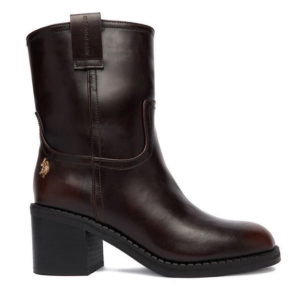 Botki U.S. Polo Assn. Brązowe botki damskie U.S. Polo Assn., bez wzorów, bez obcasa, na słupku, bez zapięcia. Za 199.99 zł.