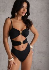 Czarny Jednoczęściowy Strój Kąpielowy Na Cienkich Ramiączkach ze Złotymi Ozdobami i Wycięciami Nonanoe. Czarne stroje kąpielowe damskie Renee, l, bez wzorów, z jeansu. Za 109.99 zł.