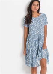 Sukienka z nadrukiem. Niebieskie sukienki damskie bonprix, na lato, z aplikacjami, bez kołnierzyka, bez ramiączek. Za 137.99 zł.
