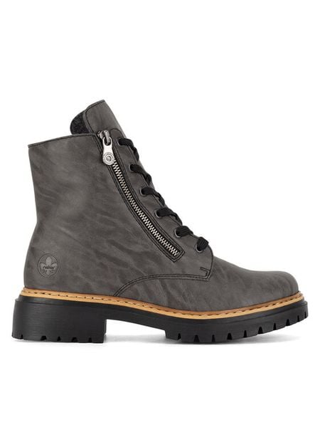 Rieker Trzewiki 72611-45 Szary. Szare botki damskie Rieker, bez wzorów, z materiału, bez obcasa, na płaskiej podeszwie, bez zapięcia. Za 265.99 zł.