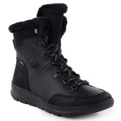 Skórzane wodoodporne botki damskie z futerkiem czarne Rieker Z0000-00. Czarne botki damskie Rieker, bez wzorów, ze skóry, bez obcasa, bez zapięcia. Za 272.35 zł.