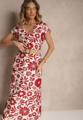 Czerwona Rozkloszowana Sukienka z Wiskozy z Paskiem z Klamrą Zarenele. Czerwone sukienki damskie Renee, na co dzień, na lato, l, bez wzorów, z jeansu, eleganckie, bez kołnierzyka, bez ramiączek, maxi, rozkloszowane. Za 74.99 zł.