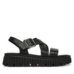 Sandały Tamaris. Czarne sandały damskie Tamaris, bez wzorów, bez obcasa, na koturnie, bez zapięcia. Za 359.99 zł.