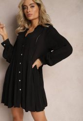 Czarna Rozkloszowana Sukienka Koszulowa Mini w Stylu Boho Binessa. Czarne sukienki damskie Renee, l, bez wzorów, boho, bez kołnierzyka, bez ramiączek, mini, koszulowe. Za 84.99 zł.