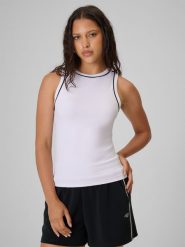 4F Top slim gładki damski - biały S. Białe koszulki sportowe damskie 4F, s, bez wzorów, z dzianiny, bez ramiączek. Za 59.99 zł.