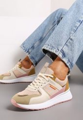 Ciemnobeżowe Sneakersy Phinala. Brązowe obuwie sportowe damskie Born2be, z aplikacjami, z dresówki, bez zapięcia. Za 84.99 zł.