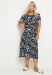 Czarno-Niebieska Rozkloszowana Sukienka z Gumką w Talii we Wzór Pawich Oczek Duilla. Czarne sukienki damskie Born2be, na lato, plus size, bez wzorów, bez kołnierzyka, plus size, bez ramiączek, midi, rozkloszowane. Za 39.99 zł.