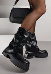 Czarne Botki Biker VICES z Cholewką Imitującą Nogawkę z Klamrami Reiladia. Czarne botki damskie Born2be, bez wzorów, z jeansu, bez obcasa, na płaskiej podeszwie, bez zapięcia. Za 149.99 zł.