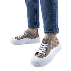 Brązowe trampki zdobione monogramem Cavi beżowy. Brązowe trampki i tenisówki damskie z aplikacjami, z tkaniny, bez zapięcia. Za 73.01 zł.