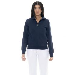 Bluza z bawełna z zamek błyskawiczny na co dzień. Niebieskie bluzy damskie LEONE 1947 APPAREL, bez wzorów, z bawełny, sportowe, bez ramiączek, bez kaptura. W wyprzedaży za 134.57 zł.