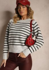 Jasnoszary Casualowy Sweter w Paski o Prostym Kroju Riavelleth. Szare swetry nierozpinane damskie Renee, bez wzorów, z jeansu, casualowe, bez kołnierzyka, bez ramiączek. Za 129.99 zł.