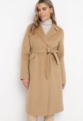 Brązowy Dwurzędowy Płaszcz Wiązany w Pasie Opulica. Brązowe płaszcze damskie Born2be, l, bez wzorów, z jeansu, biznesowe, bez kołnierzyka, bez kaptura. Za 389.99 zł.