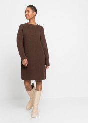 Sukienka dzianinowa. Brązowe sukienki damskie bonprix, bez wzorów, z dzianiny, bez kołnierzyka, bez ramiączek, midi. Za 107.99 zł.
