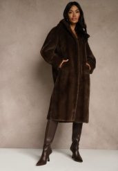 Brązowy Futrzany Płaszcz z Kapturem Zdobiony Pionowym Wzorem Elrinrahne. Brązowe płaszcze damskie Renee, l, z aplikacjami, z futra, klasyczne, bez kołnierzyka, z kapturem. Za 319.99 zł.