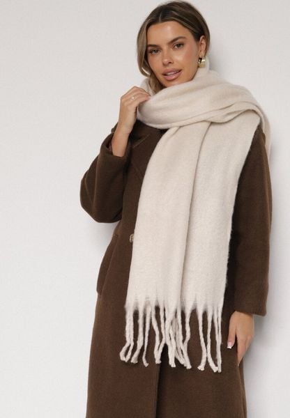 Jasnobeżowy Szalik z Frędzlami Owedarria. Brązowe szaliki damskie Born2be, bez wzorów, z dresówki. Za 44.99 zł.