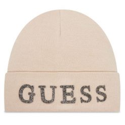 Czapka Guess. Brązowe czapki damskie Guess, na zimę, z aplikacjami. Za 109.99 zł.