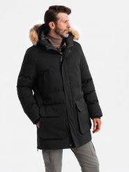 Ocieplana męska długa kurtka parka z rozpinanym dołem – czarna V3 OM-JALJ-0184 - XXL. Czarne kurtki męskie Ombre Clothing, l, z aplikacjami, z gumy. W wyprzedaży za 309.99 zł.
