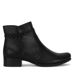 Botki Rieker. Czarne botki damskie Rieker, bez wzorów, bez obcasa, na słupku, bez zapięcia. Za 389.99 zł.