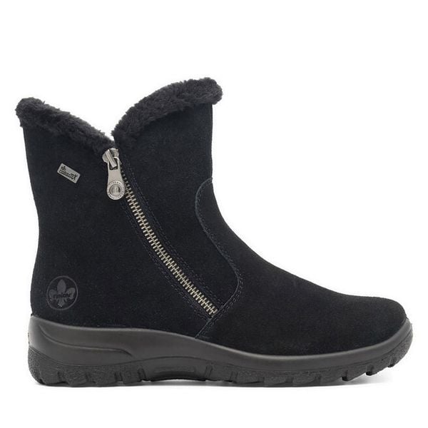 Botki Rieker. Czarne botki damskie Rieker, bez wzorów, bez obcasa, na płaskiej podeszwie, bez zapięcia. Za 389.99 zł.