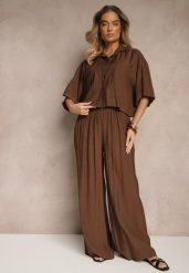 Brązowy Komplet z Wiskozy o Kroju Oversize Koszula i Spodnie Dovaraella. Brązowe koszule damskie Renee, m, bez wzorów, z materiału, casualowe, bez kołnierzyka, bez ramiączek. Za 109.99 zł.