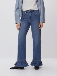 Jeansy wide leg z falbankami - niebieski. Niebieskie jeansy damskie Reserved, bez wzorów, z bawełny. Za 139.99 zł.
