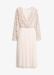 Sukienka koktajlowa z aplikacją z cekinów. Czerwone sukienki damskie bonprix, z aplikacjami, z tiulu, eleganckie, bez kołnierzyka, bez ramiączek, midi. Za 249.99 zł.