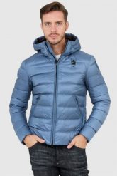 BLAUER Niebieska puchowa kurtka męska z kapturem. Niebieskie kurtki męskie Blauer USA, m, bez wzorów, z puchu, z kapturem. W wyprzedaży za 819.99 zł.