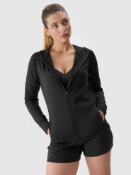 4F Bluza treningowa szybkoschnąca rozpinana z kapturem damska - czarna S. Czarne bluzy damskie 4F, s, bez wzorów, z dzianiny, sportowe, bez ramiączek, z kapturem. W wyprzedaży za 99.99 zł.