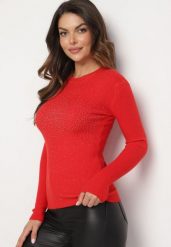 Czerwony Sweter Prążkowany z Cyrkoniami Romivra. Czerwone swetry nierozpinane damskie Born2be, uniwersalny, bez wzorów, z jeansu, eleganckie, bez kołnierzyka, bez ramiączek. Za 44.99 zł.