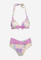 Fioletowo-Beżowe Bikini z Ozdobnym Wzorem i Paskiem z Klamrą na Figach Uptella. Fioletowe bikini Born2be, bez wzorów. Za 39.99 zł.