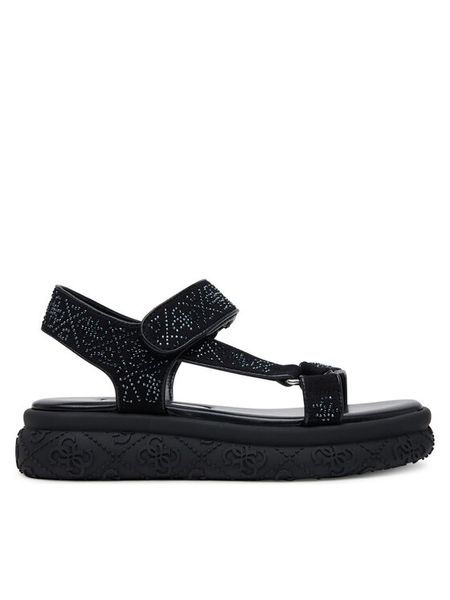 Guess Sandały FLJLOD FAP03 Czarny. Czarne sandały damskie Guess, z aplikacjami, z materiału, bez obcasa, na płaskiej podeszwie, bez zapięcia. Za 319.99 zł.