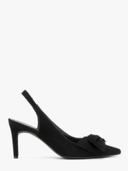 Welurowe czółenka typu slingback z kokardą OFELIA. Czarne czółenka damskie Ryłko, bez wzorów, z gumy, bez obcasa, na szpilce, bez zapięcia. Za 349.99 zł.