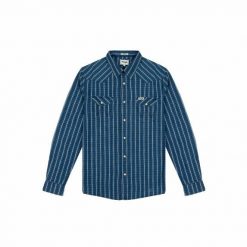 WRANGLER LS WESTERN SHIRT MĘSKA KOSZULA KRÓTKI RĘKAW LIGHT INDIGO W5A0NOX4E 112141400. Niebieskie koszule męskie Wrangler, m, bez wzorów, bez kołnierzyka, bez ramiączek. Za 159.99 zł.