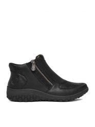 Rieker Botki CEO-59558-00 Czarny. Czarne botki damskie Rieker, bez wzorów, ze skóry, bez obcasa, na płaskiej podeszwie, bez zapięcia. Za 389.99 zł.