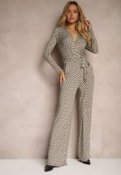 Ciemnoszary Kombinezon z Wiskozą w Geometryczny Wzór z Paskiem Nailaia. Szare sukienki damskie Renee, na co dzień, l, bez wzorów, z wiskozy, eleganckie, bez kołnierzyka, bez ramiączek, kopertowe. Za 129.99 zł.