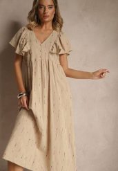 Beżowa Rozkloszowana Sukienka z Bawełny Zdobiona Falbanami Silonia. Brązowe sukienki damskie Renee, na spotkanie biznesowe, na lato, l, z aplikacjami, z bawełny, eleganckie, bez kołnierzyka, bez ramiączek, rozkloszowane. Za 109.99 zł.