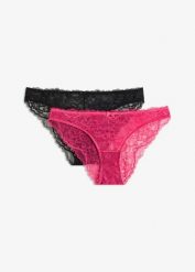 Figi mini z koronki (2 pary). Czerwone majtki damskie bonprix, z koronki. Za 27.98 zł.