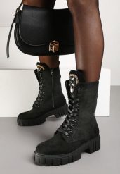 Czarne Sznurowane Botki w Stylu Workerów na Platformie z Tłoczeniem Ozdobione Cyrkoniami Ravetta. Czarne botki damskie Renee, bez wzorów, z jeansu, bez obcasa, na platformie, bez zapięcia. Za 99.99 zł.