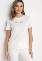 Biały T-shirt z Bawełny z Cyrkoniami i Napisem Nalanielle. Białe t-shirty damskie Born2be, m, bez wzorów, z bawełny, eleganckie, bez kołnierzyka, bez ramiączek. Za 39.99 zł.