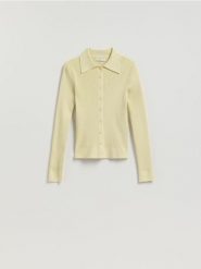 Kardigan z kołnierzykiem - jasnozielony. Zielone kardigany damskie Reserved, l, bez wzorów, z dzianiny, bez kołnierzyka. Za 119.99 zł.