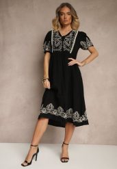 Czarna Rozkloszowana Sukienka z Bawełny w Stylu Boho z Haftowanymi Zdobieniami Lannilsa. Czarne sukienki damskie Renee, na spotkanie biznesowe, l, z aplikacjami, z bawełny, boho, bez kołnierzyka, bez ramiączek, midi, rozkloszowane. Za 99.99 zł.
