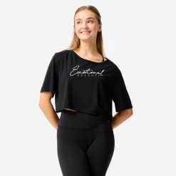 Koszulka do tańca modern jazz damska Domyos crop top. Czarne topy damskie DOMYOS, m, bez wzorów, z elastanu, eleganckie, bez kołnierzyka, bez ramiączek. Za 69.99 zł.