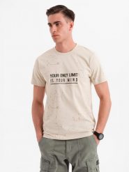 T-shirt męski z nadrukiem i okrągłym dekoltem – kremowy V2 OM-TSFP-0187 - XXL. Białe t-shirty męskie Ombre Clothing, l, bez wzorów, z bawełny, bez kołnierzyka, bez ramiączek. W wyprzedaży za 39.99 zł.